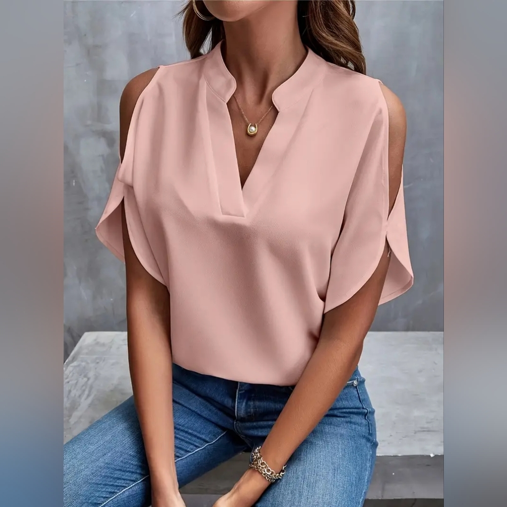 Notched Neck Cut Out Blouse, Elegant Solid Blouse For Spring & Fall, Women's Clo